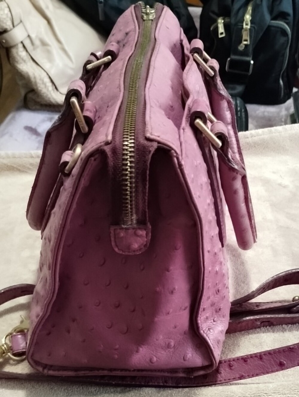 Brahmin Plum Ostrich-Embossed Leather Satchel with Detachable Strap - Picture 4 of 11